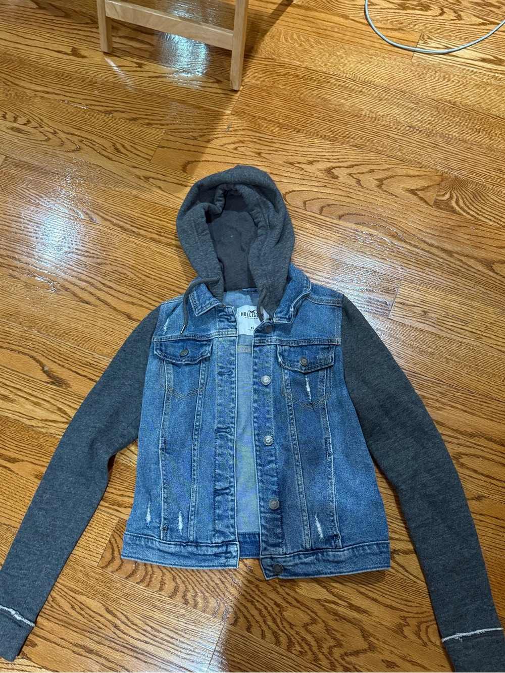 Hollister Blue Denim Jacket with Gray Knit Sleeves & Hood